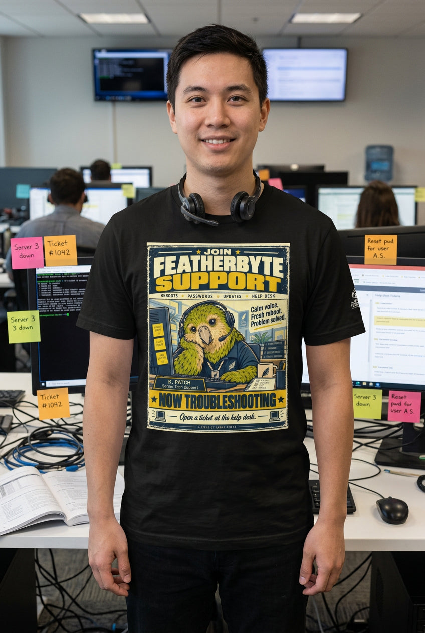 Featherbyte Support – Birds of Labor unisex staple T-shirt, black front view mockup