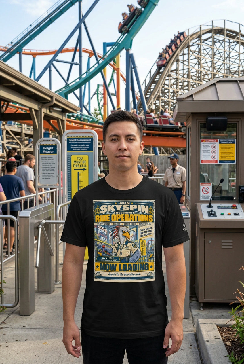 Skyspin Ride Operations – Birds of Labor unisex staple T-shirt, black front view mockup