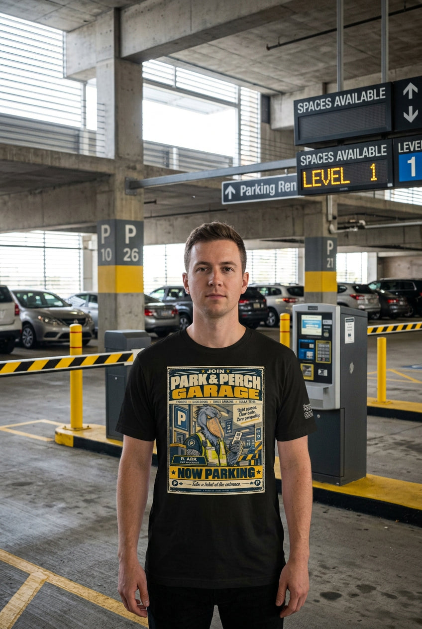 Park & Perch Garage – Birds of Labor unisex staple T-shirt, black front view mockup