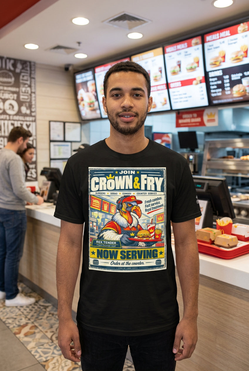 Crown & Fry – Birds of Labor unisex staple T-shirt, black front view mockup