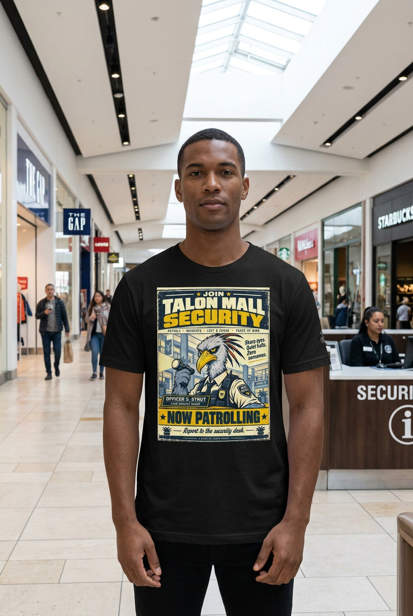 Talon Mall Security – Birds of Labor unisex staple T-shirt, black front view mockup