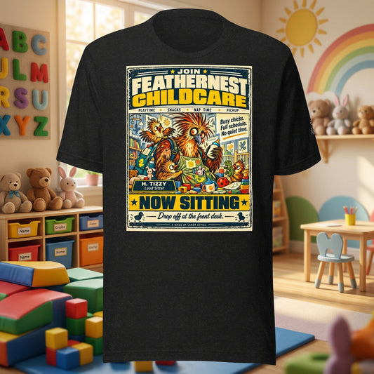 Feathernest Childcare – Birds of Labor unisex staple T-shirt, black heather front view mockup