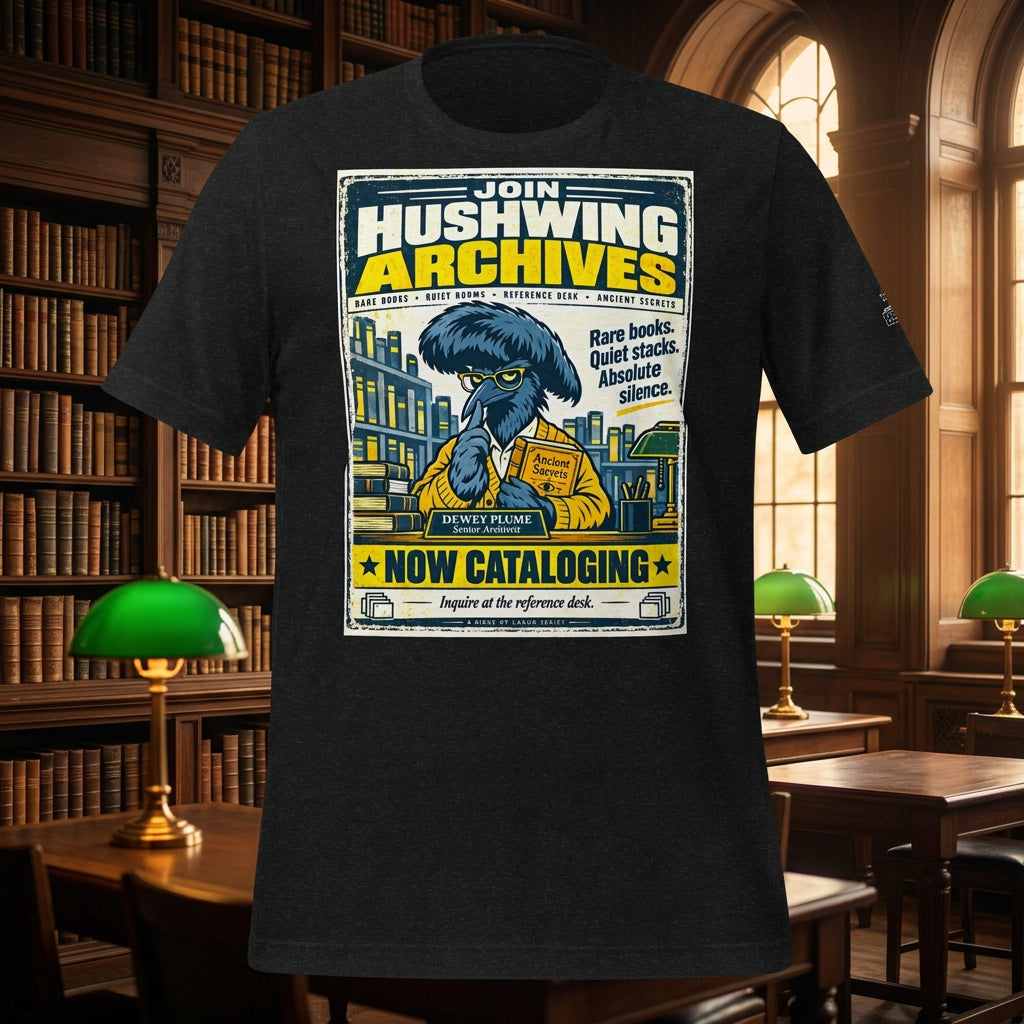 Hushwing Archives – Birds of Labor unisex staple T-shirt, black heather front view mockup