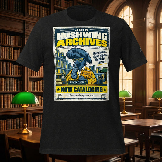 Hushwing Archives – Birds of Labor unisex staple T-shirt, black heather front view mockup