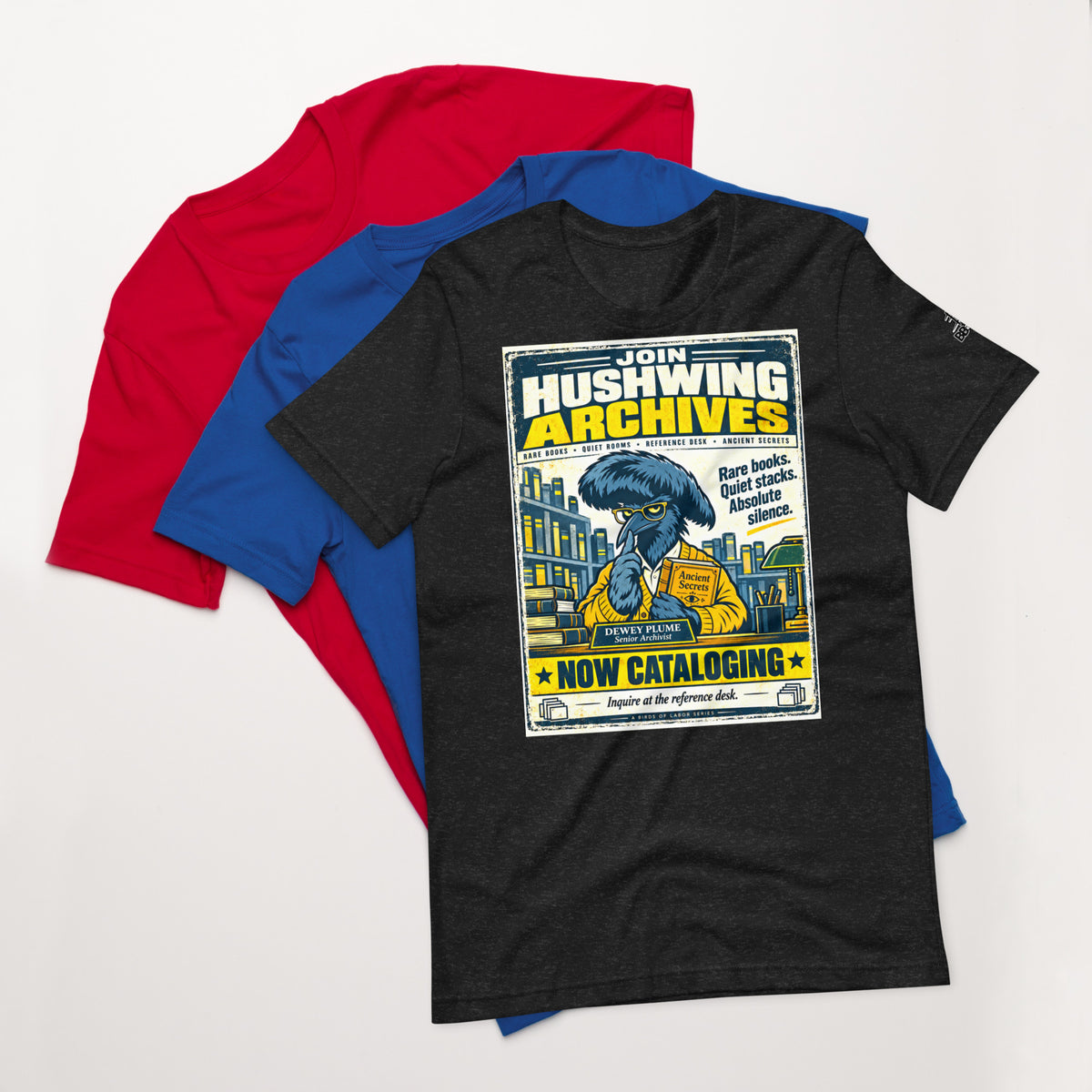Hushwing Archives – Birds of Labor unisex staple T-shirt, black heather front view mockup