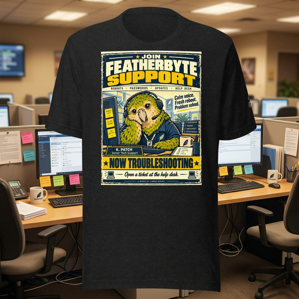 Featherbyte Support – Birds of Labor unisex staple T-shirt, black heather front view mockup