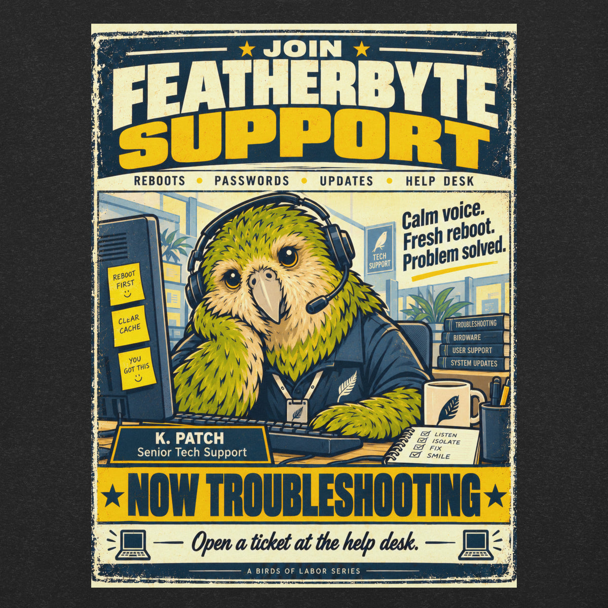 Featherbyte Support – Birds of Labor unisex staple T-shirt, black heather front view mockup