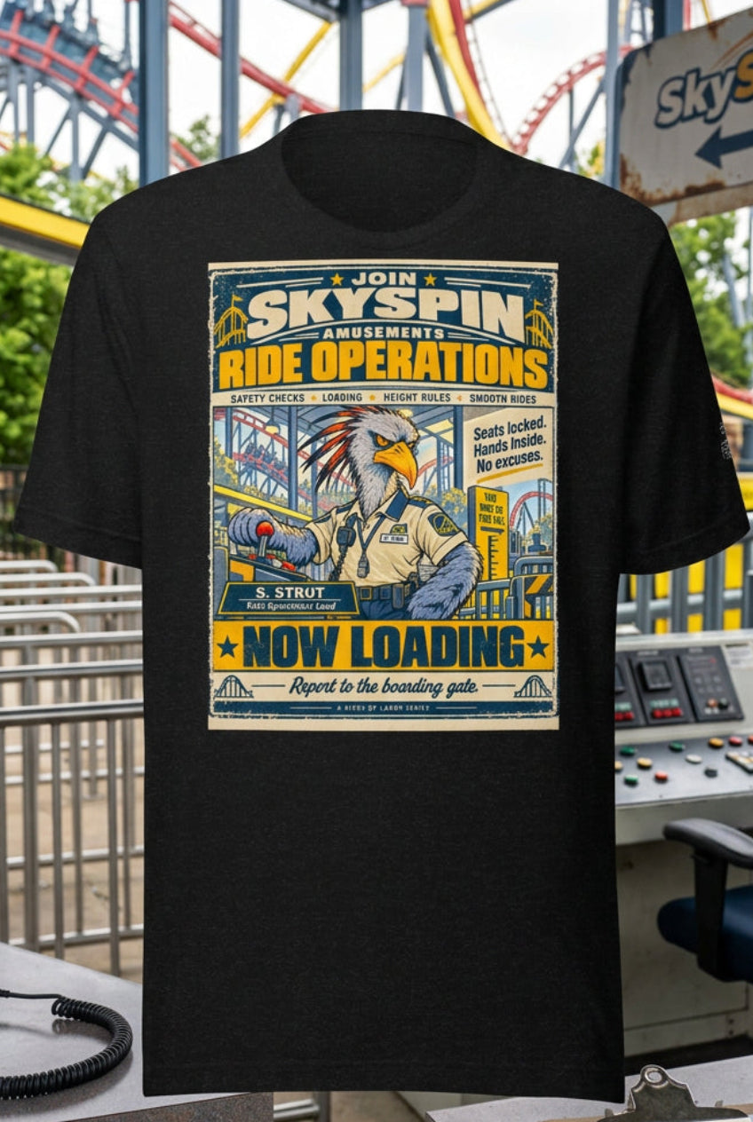 Skyspin Ride Operations – Birds of Labor unisex staple T-shirt, black heather front view mockup