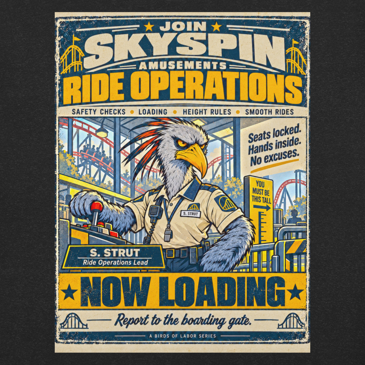Skyspin Ride Operations – Birds of Labor unisex staple T-shirt, black heather front view mockup