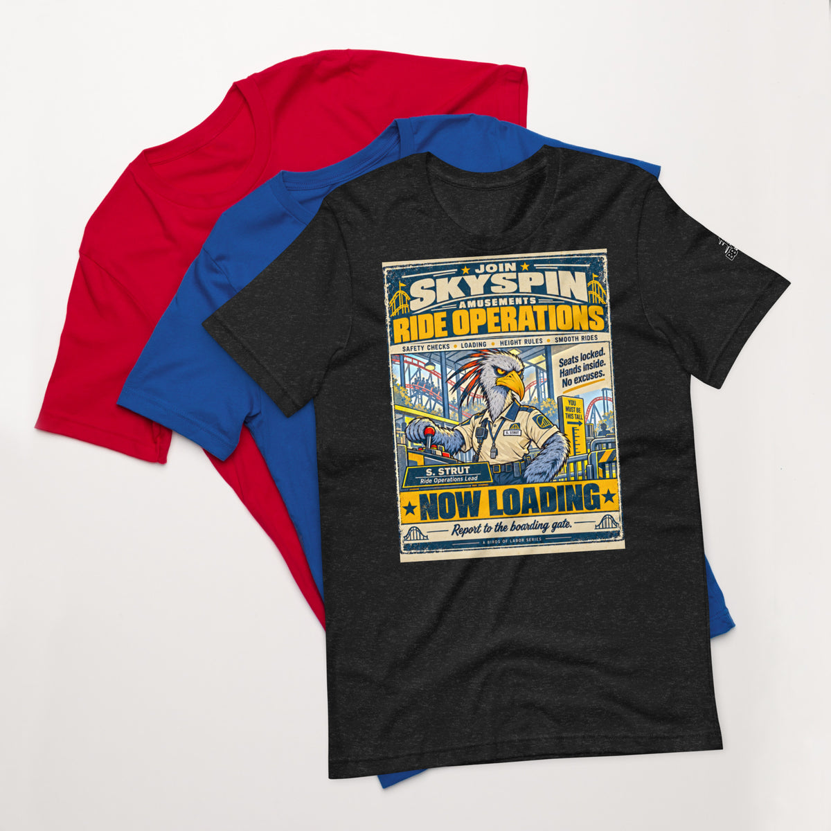 Skyspin Ride Operations – Birds of Labor unisex staple T-shirt, black heather front view mockup