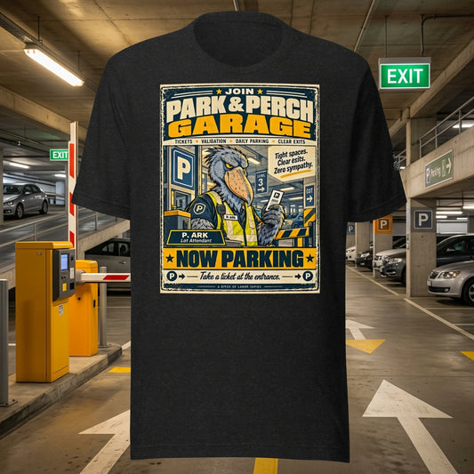 Park & Perch Garage – Birds of Labor unisex staple T-shirt, black heather front view mockup