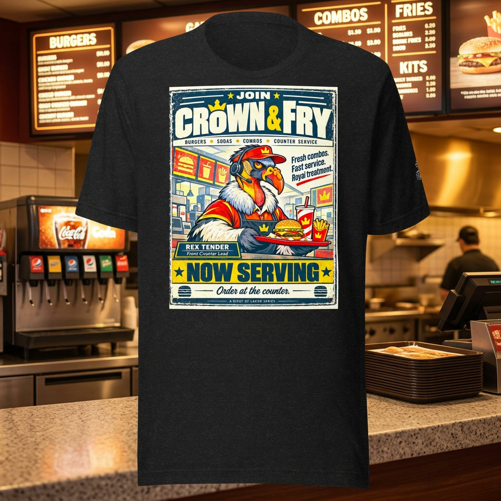 Crown & Fry – Birds of Labor unisex staple T-shirt, black heather front view mockup