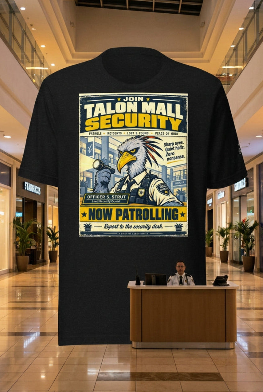 Talon Mall Security – Birds of Labor unisex staple T-shirt, black heather front view mockup