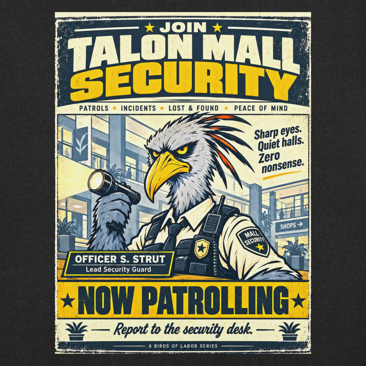 Talon Mall Security – Birds of Labor unisex staple T-shirt, black heather front view mockup