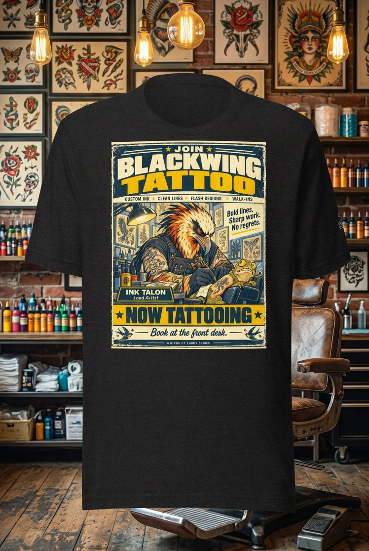 Blackwing Tattoo – Birds of Labor unisex staple T-shirt, black heather front view mockup
