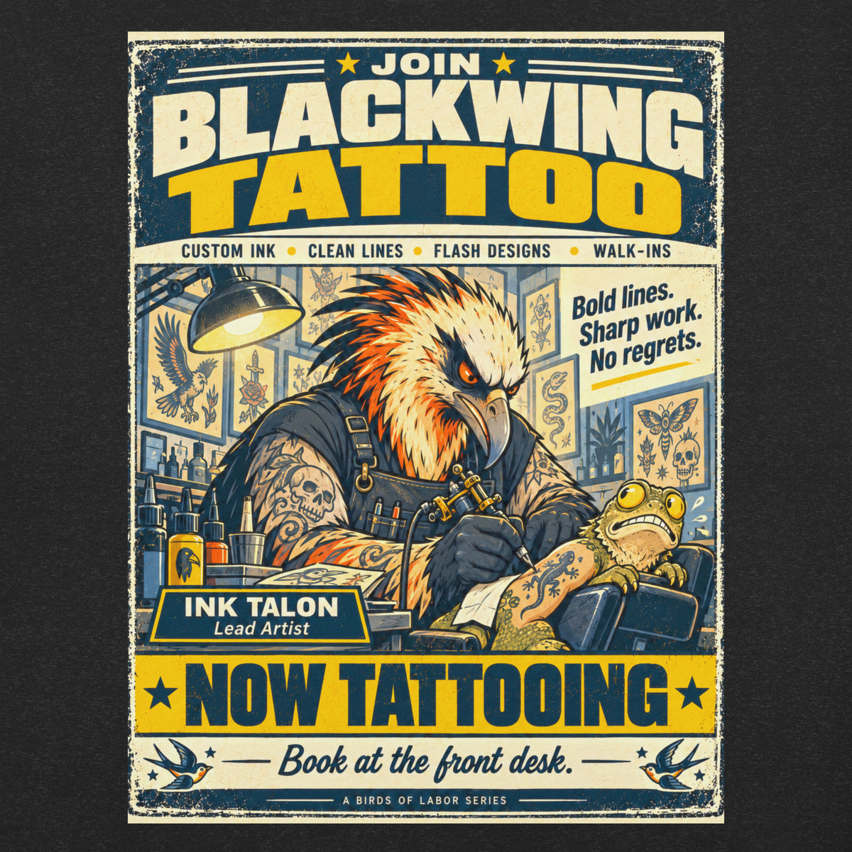 Blackwing Tattoo – Birds of Labor unisex staple T-shirt, black heather front view mockup