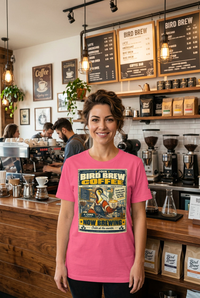 Bird Brew Coffee – Birds of Labor unisex staple T-shirt, charity pink front view mockup