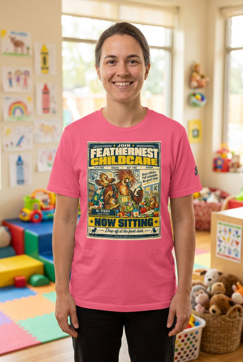 Feathernest Childcare – Birds of Labor unisex staple T-shirt, charity pink front view mockup