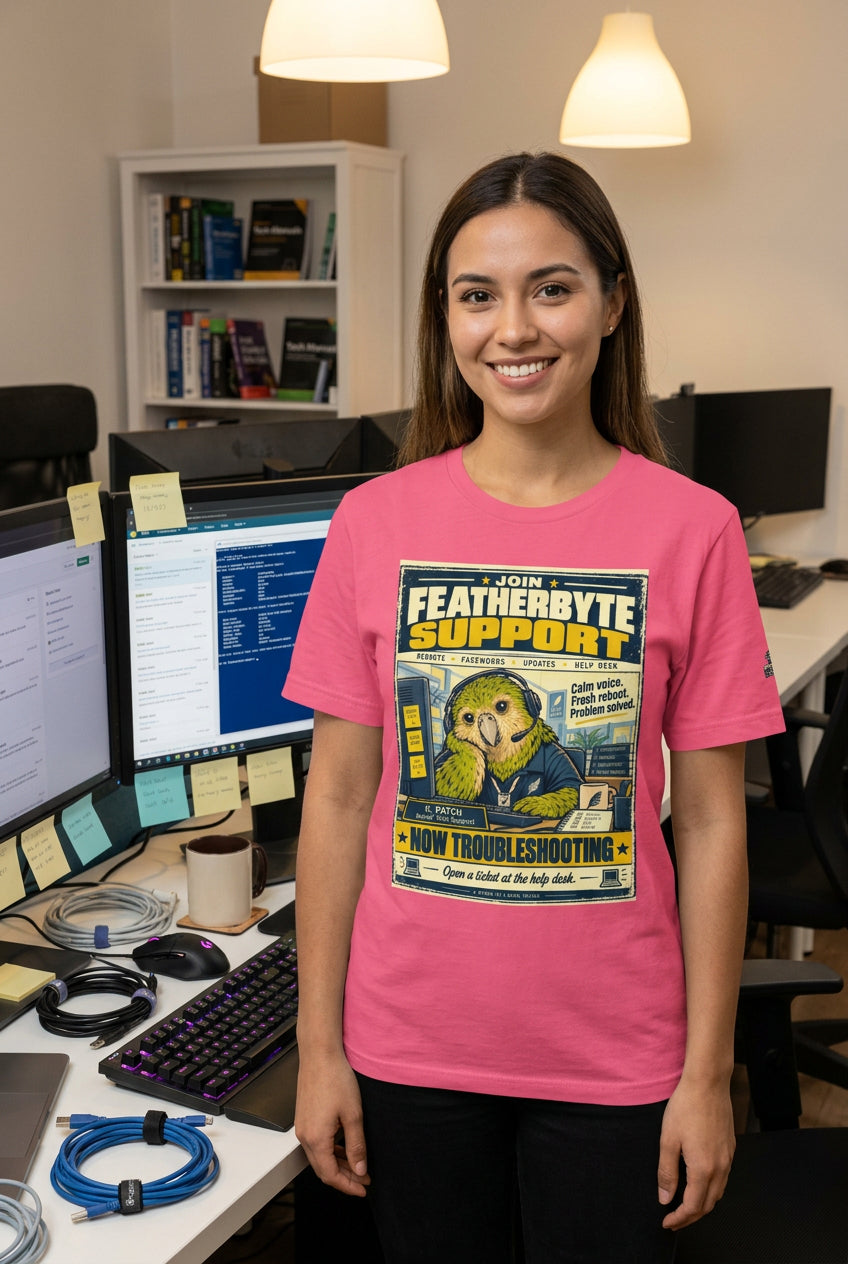 Featherbyte Support – Birds of Labor unisex staple T-shirt, charity pink front view mockup