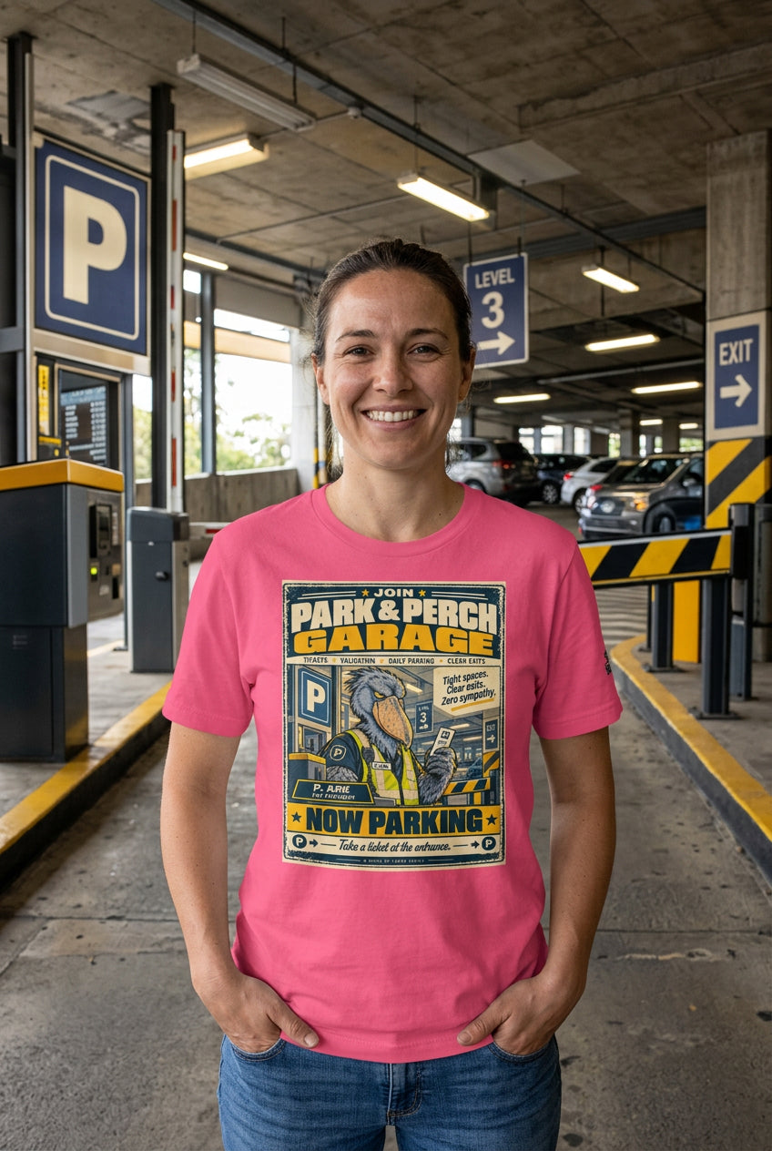 Park & Perch Garage – Birds of Labor unisex staple T-shirt, charity pink front view mockup