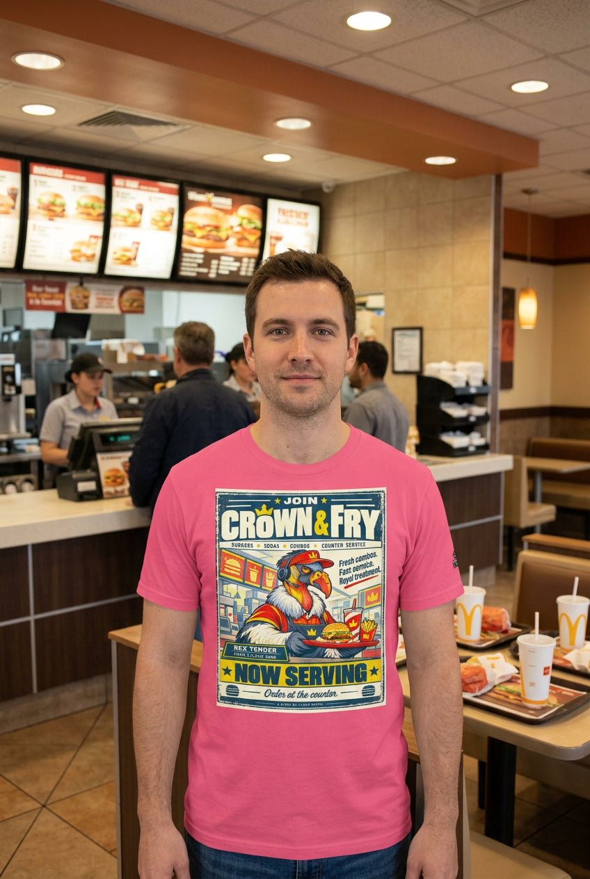 Crown & Fry – Birds of Labor unisex staple T-shirt, charity pink front view mockup
