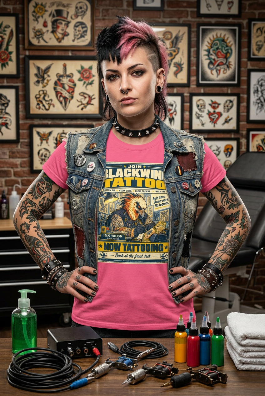 Blackwing Tattoo – Birds of Labor unisex staple T-shirt, charity pink front view mockup
