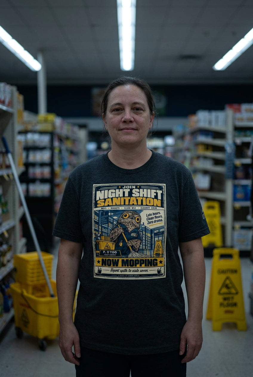 Night Shift Sanitation – Birds of Labor unisex staple T-shirt, dark grey heather front view mockup