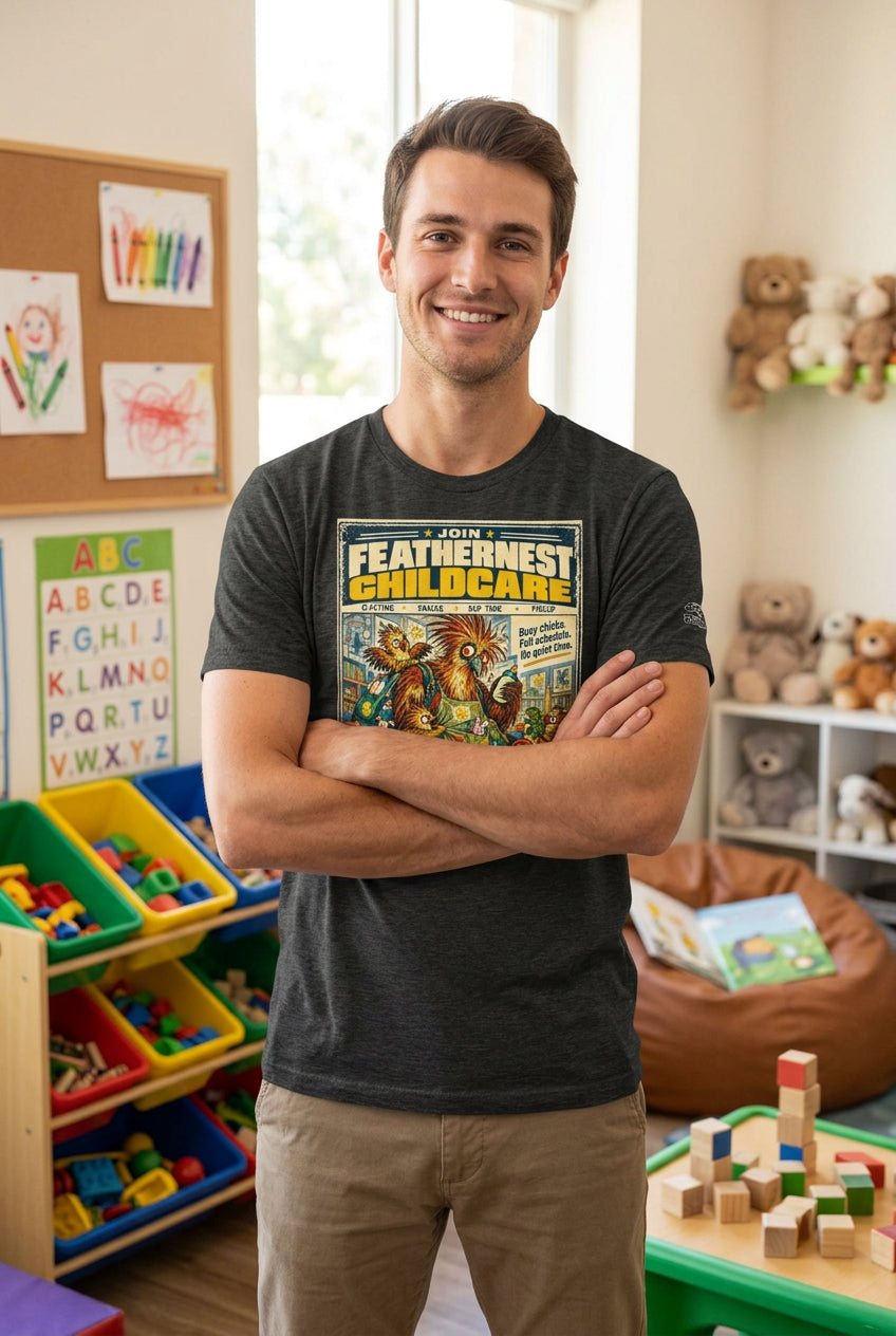 Feathernest Childcare – Birds of Labor unisex staple T-shirt, dark grey heather front view mockup