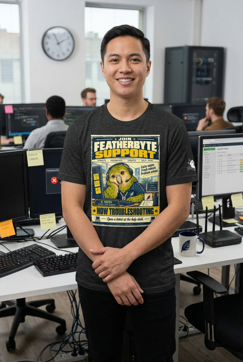 Featherbyte Support – Birds of Labor unisex staple T-shirt, dark grey heather front view mockup