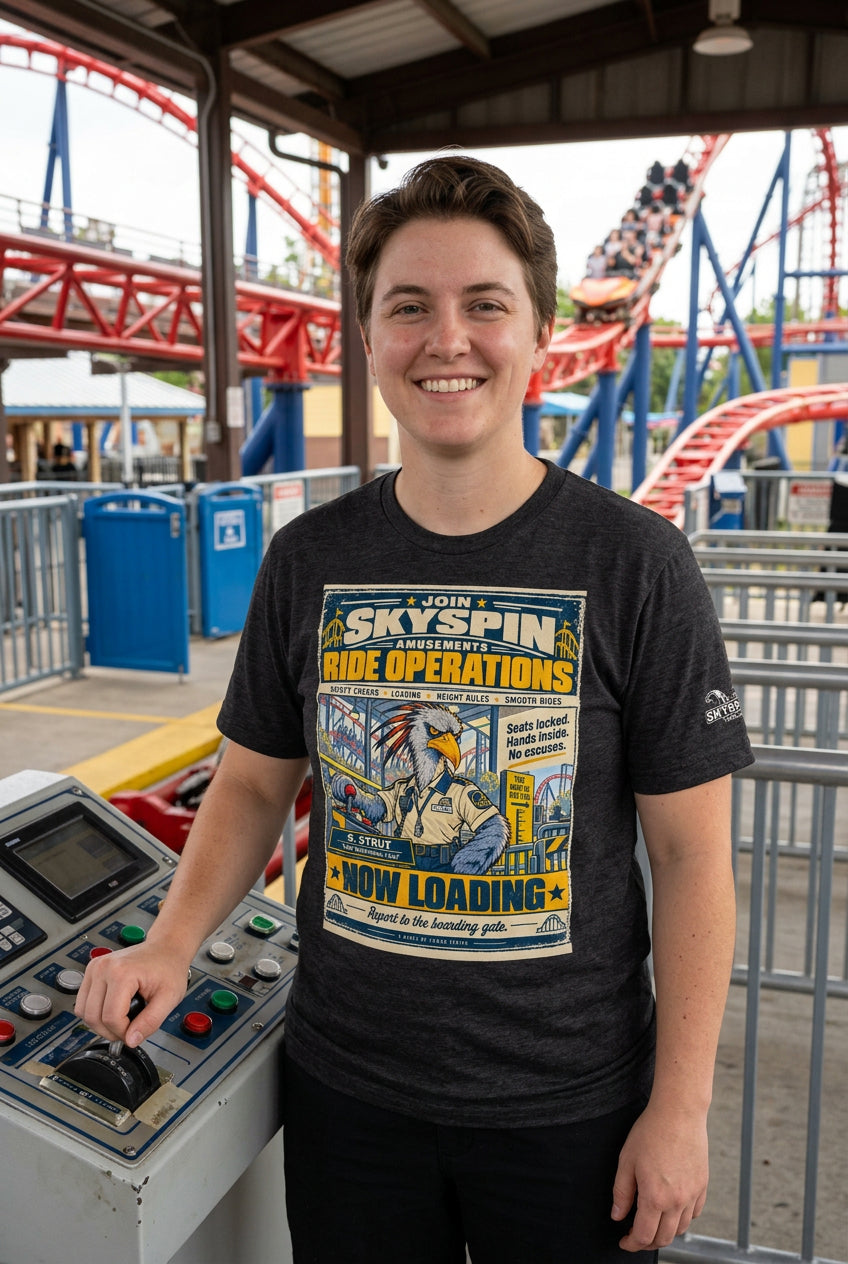 Skyspin Ride Operations – Birds of Labor unisex staple T-shirt, dark grey heather front view mockup