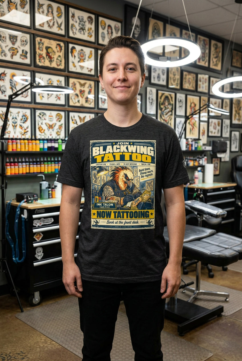 Blackwing Tattoo – Birds of Labor unisex staple T-shirt, dark grey heather front view mockup