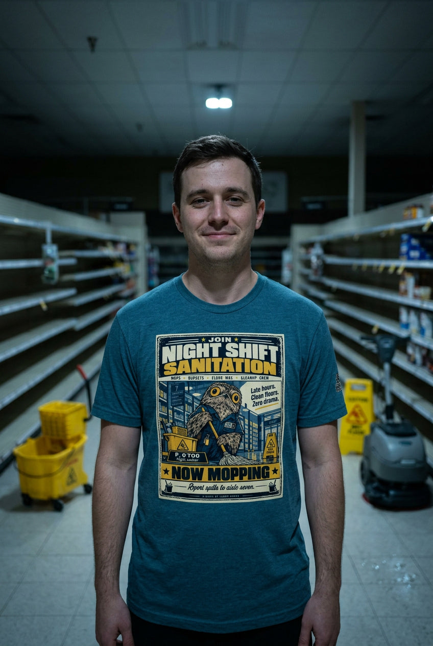 Night Shift Sanitation – Birds of Labor unisex staple T-shirt, heather deep teal front view mockup
