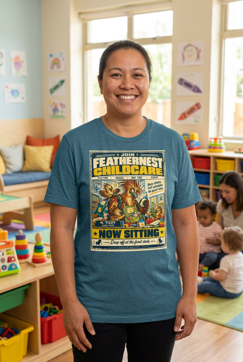Feathernest Childcare – Birds of Labor unisex staple T-shirt, heather deep teal front view mockup