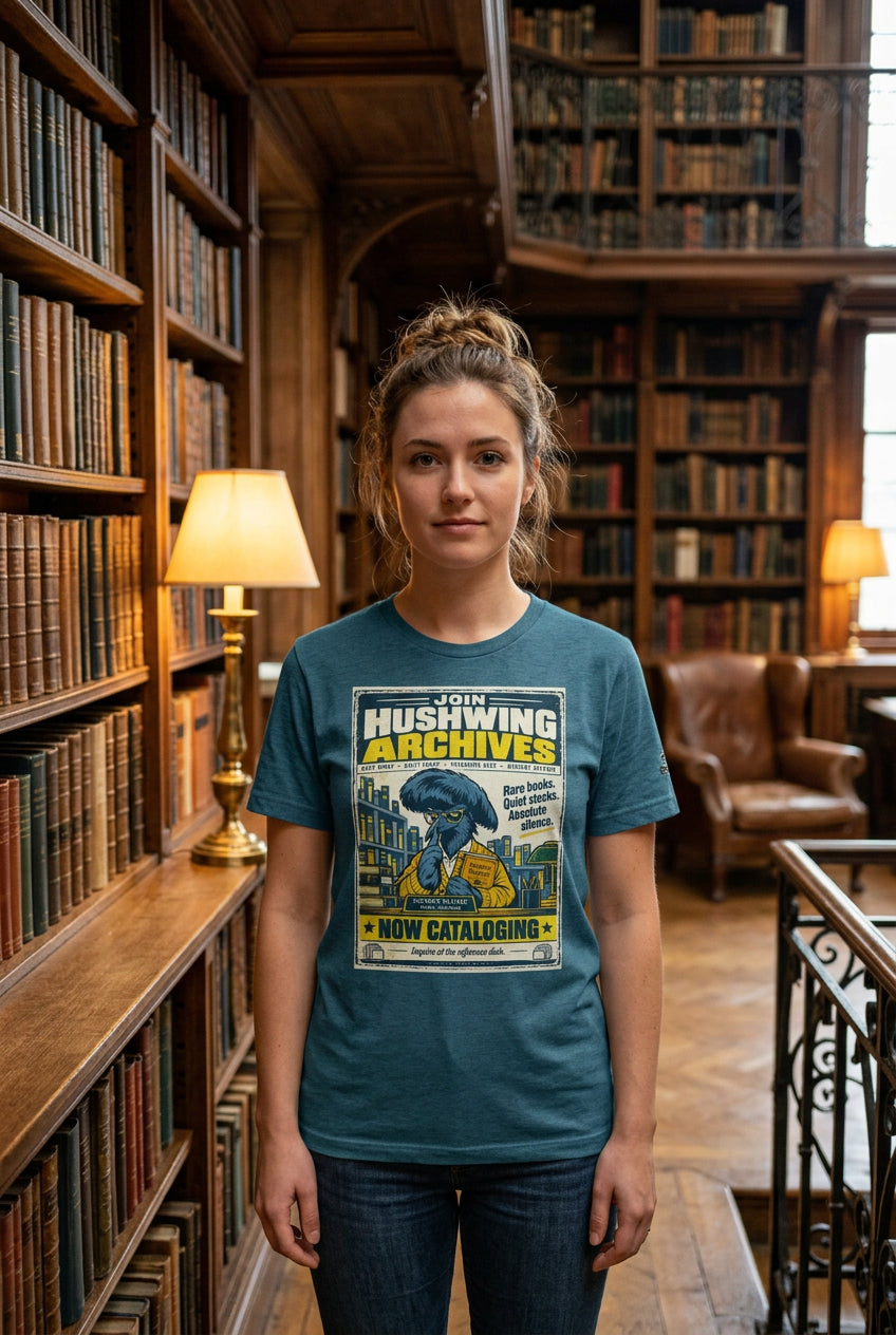 Hushwing Archives – Birds of Labor unisex staple T-shirt, heather deep teal front view mockup