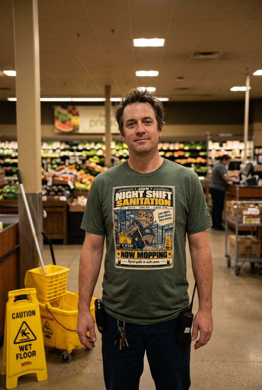 Night Shift Sanitation – Birds of Labor unisex staple T-shirt, heather forest front view mockup