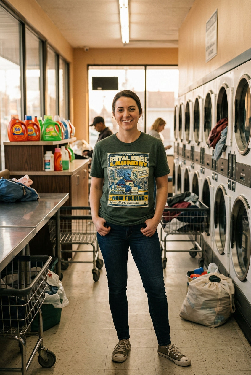Royal Rinse Laundry – Birds of Labor unisex staple T-shirt, heather forest front view mockup