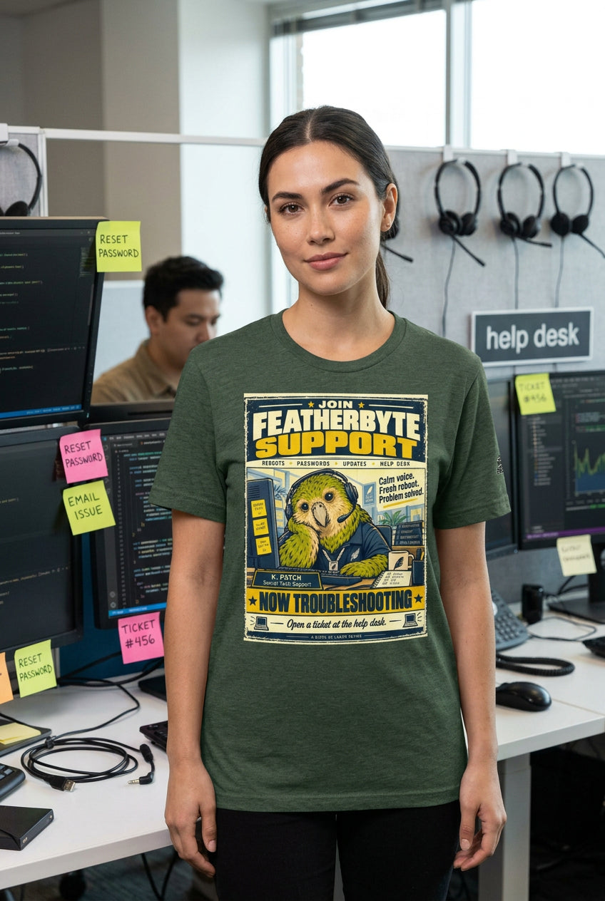 Featherbyte Support – Birds of Labor unisex staple T-shirt, heather forest front view mockup