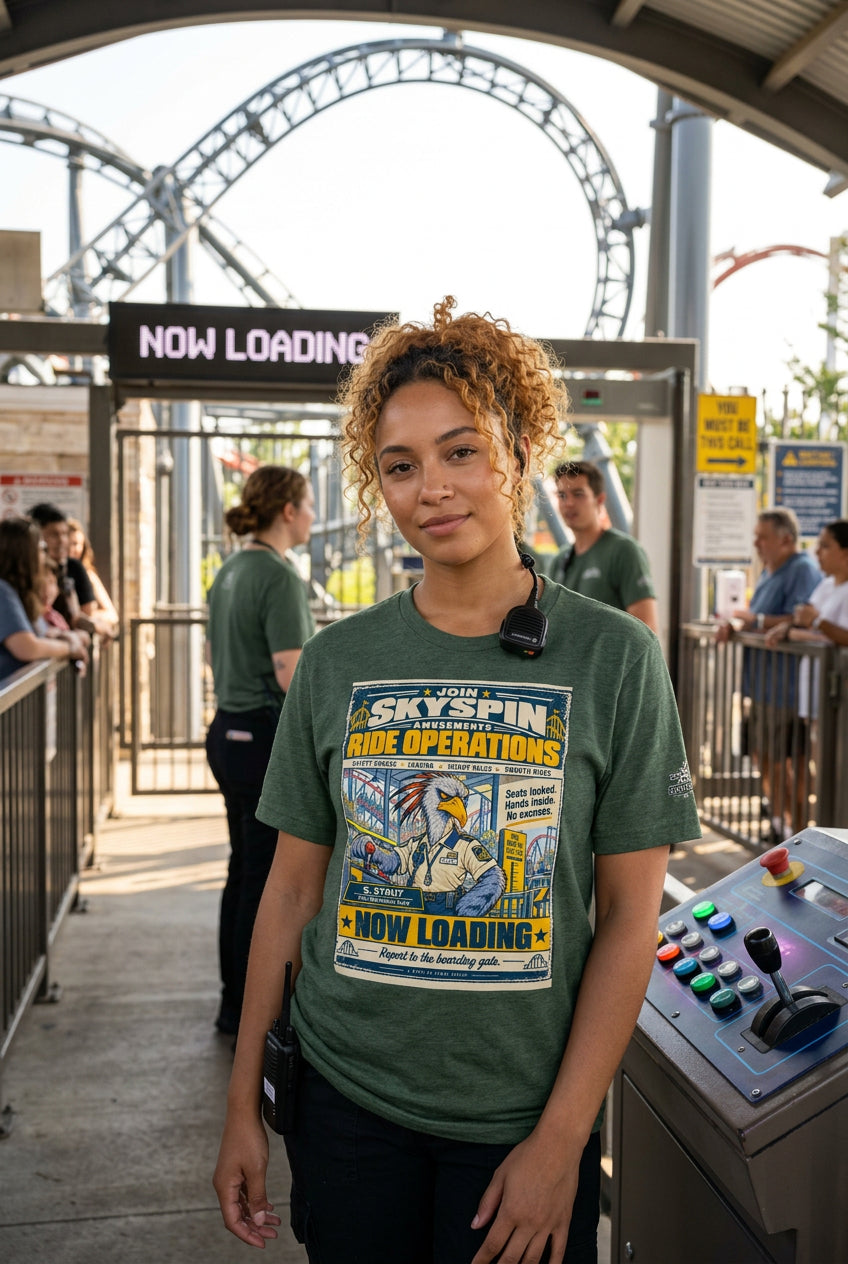 Skyspin Ride Operations – Birds of Labor unisex staple T-shirt, heather forest front view mockup