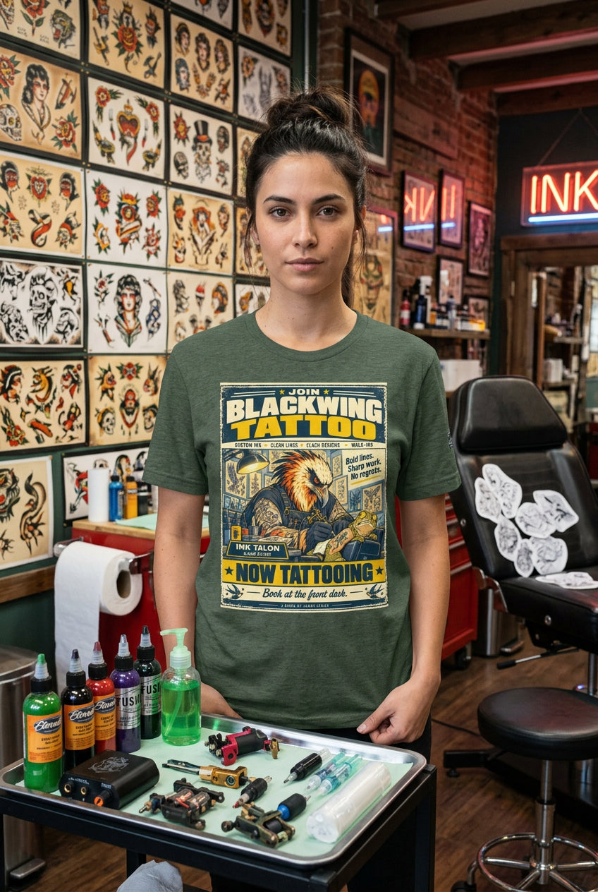 Blackwing Tattoo – Birds of Labor unisex staple T-shirt, heather forest front view mockup