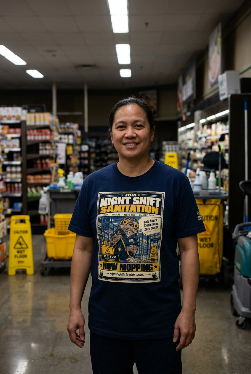 Night Shift Sanitation – Birds of Labor unisex staple T-shirt, navy front view mockup