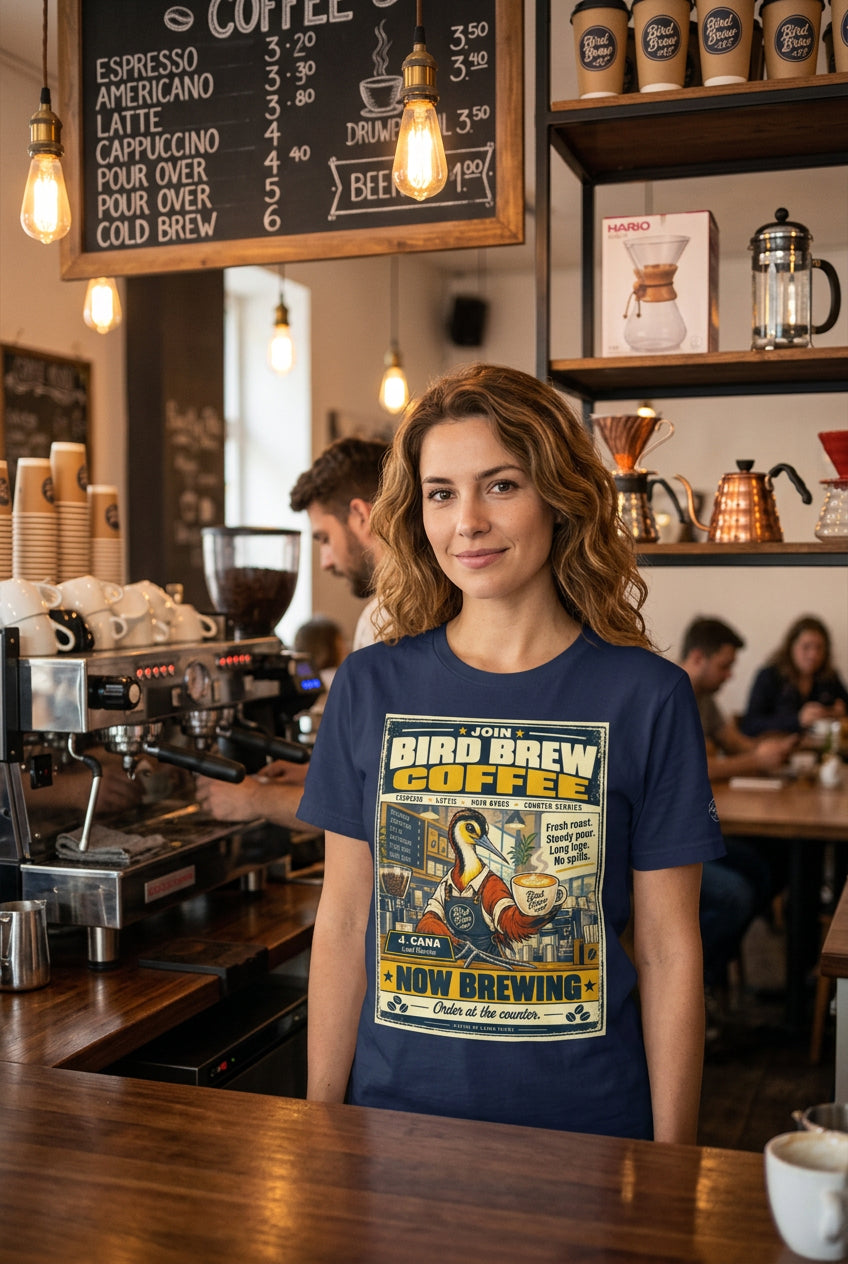 Bird Brew Coffee – Birds of Labor unisex staple T-shirt, navy front view mockup