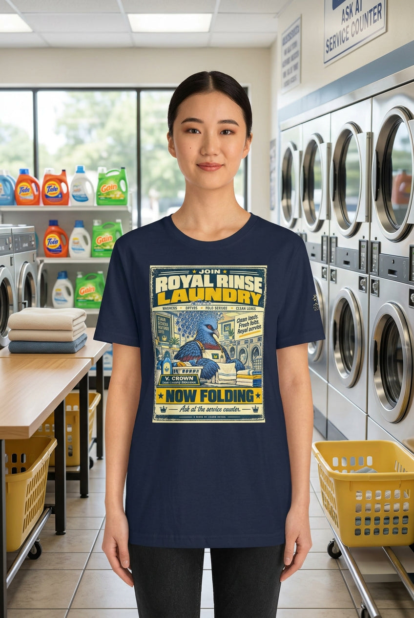 Royal Rinse Laundry – Birds of Labor unisex staple T-shirt, navy front view mockup