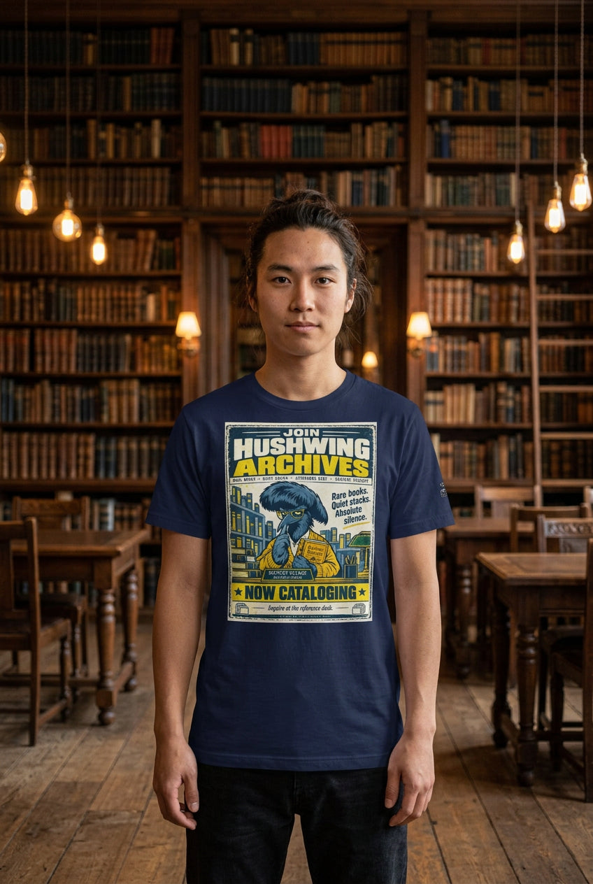 Hushwing Archives – Birds of Labor unisex staple T-shirt, navy front view mockup