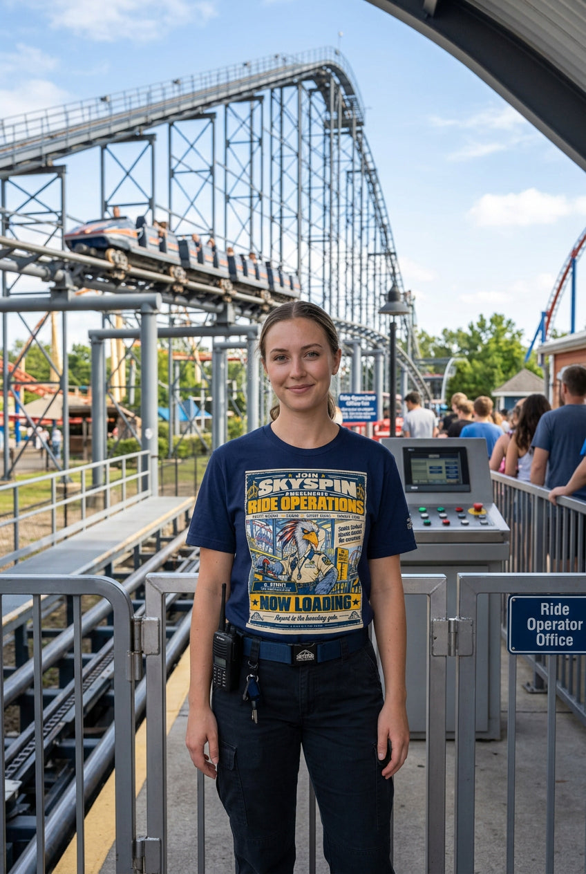 Skyspin Ride Operations – Birds of Labor unisex staple T-shirt, navy front view mockup