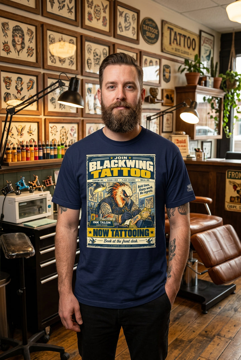Blackwing Tattoo – Birds of Labor unisex staple T-shirt, navy front view mockup