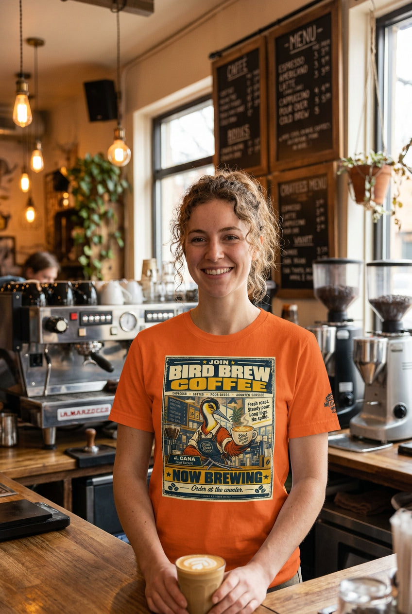 Bird Brew Coffee – Birds of Labor unisex staple T-shirt, orange front view mockup