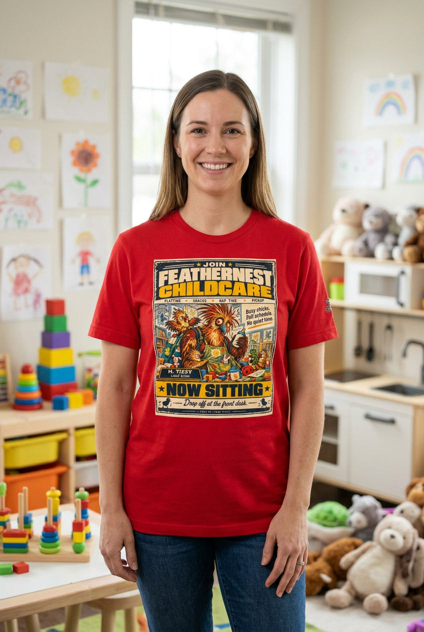 Feathernest Childcare – Birds of Labor unisex staple T-shirt, red front view mockup