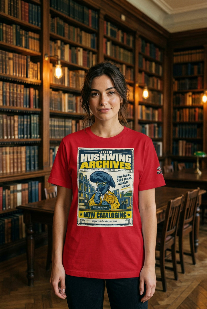 Hushwing Archives – Birds of Labor unisex staple T-shirt, red front view mockup