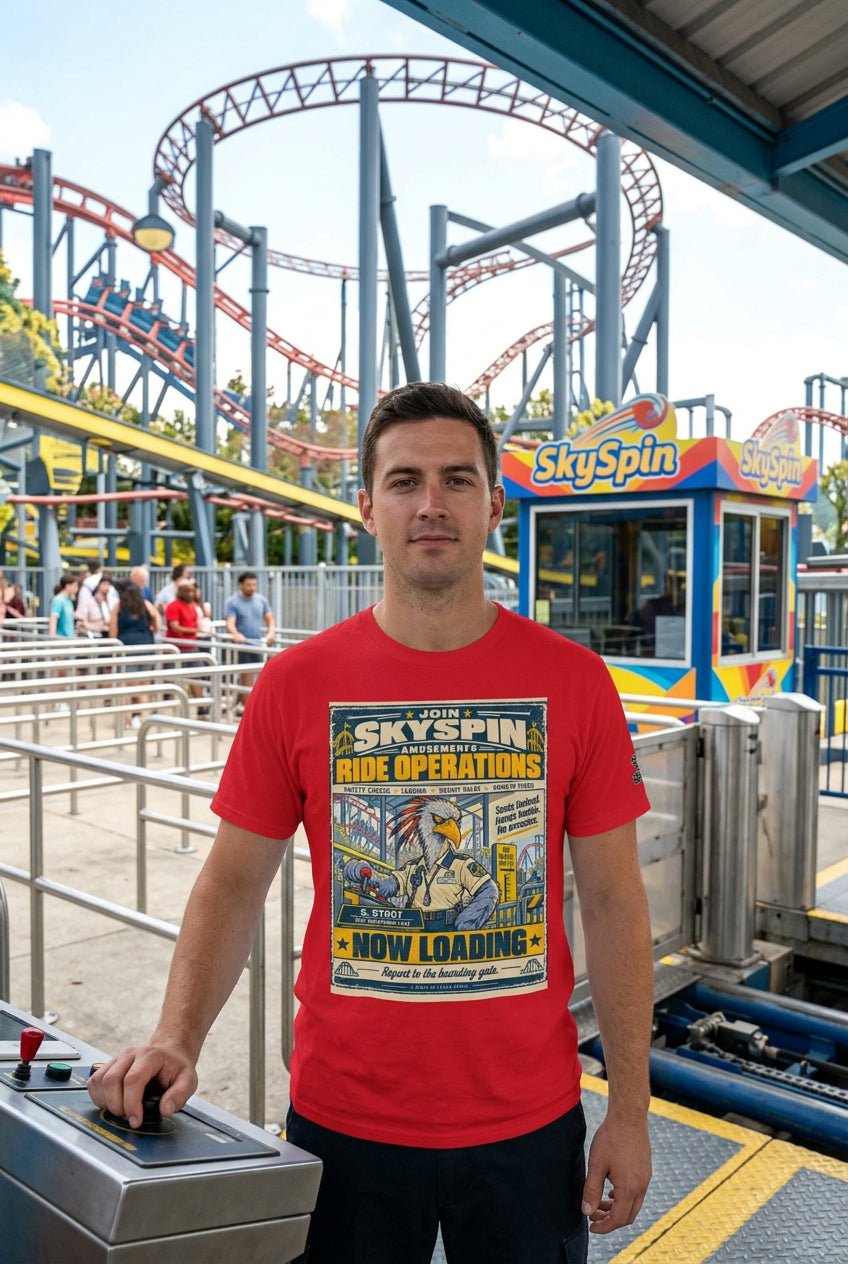 Skyspin Ride Operations – Birds of Labor unisex staple T-shirt, red front view mockup