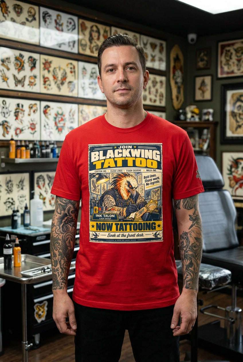 Blackwing Tattoo – Birds of Labor unisex staple T-shirt, red front view mockup